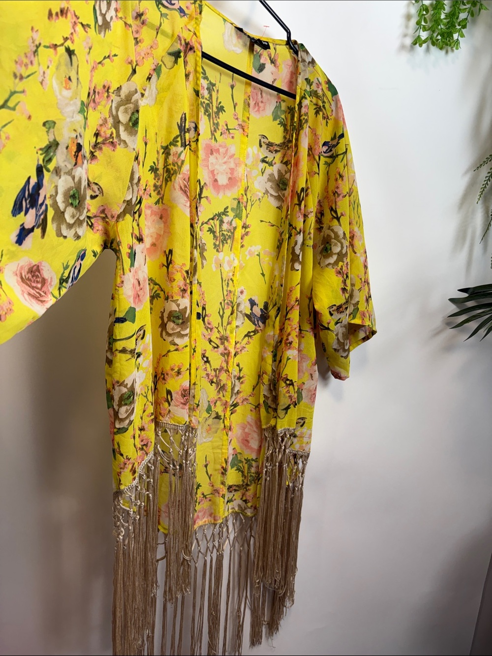 Bright Yellow Floral Fringe Kimono Jacket